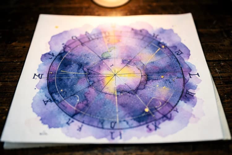 Um mapa astral com símbolos astrológicos e linhas conectando planetas, sobre um fundo escuro.