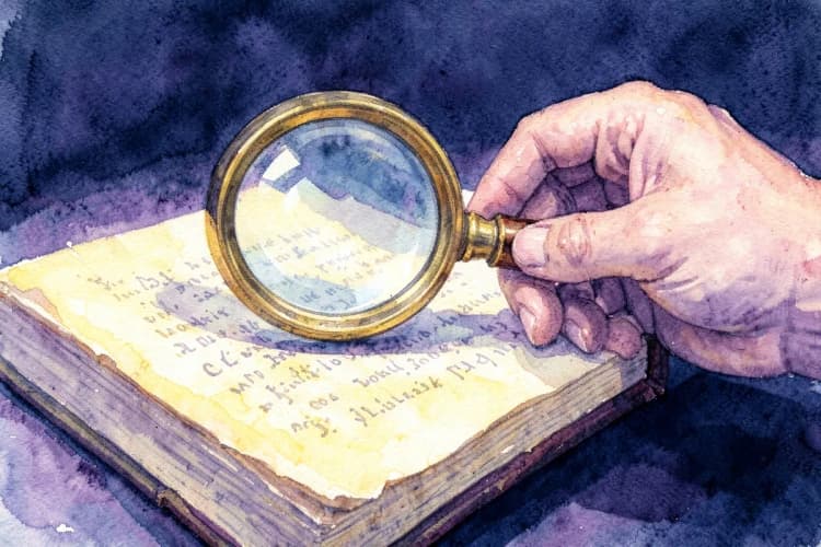Uma mão segurando uma lupa sobre um texto antigo, focando em detalhes.