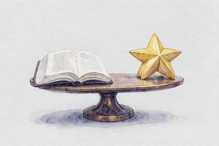 Uma balança equilibrada com um livro de um lado e um símbolo de estrela do outro, em um fundo neutro.