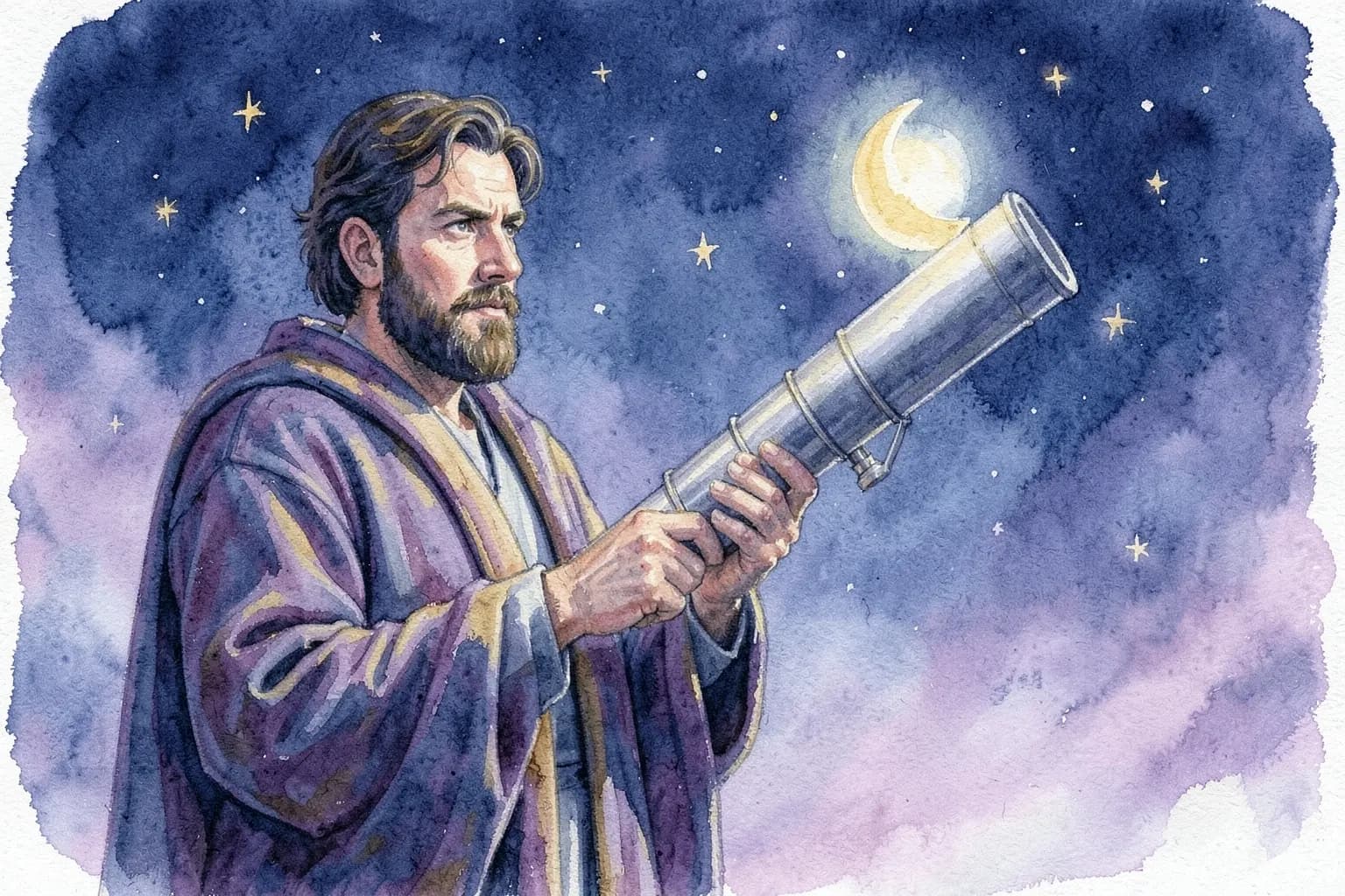 Um astrólogo com um telescópio olhando para um céu estrelado com a lua crescente, em tons de azul e roxo.