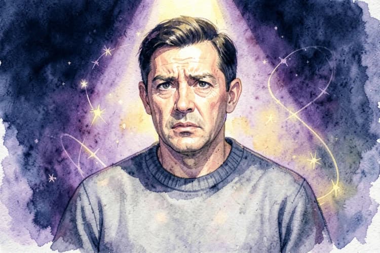 Ilustração de um homem de meia-idade com expressão preocupada, cercado por símbolos astrológicos e um anel de Saturno estilizado.