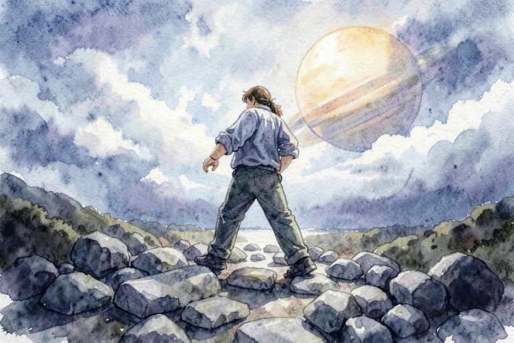 Uma pessoa tropeçando em pedras que representam erros, com o planeta Saturno ao fundo.