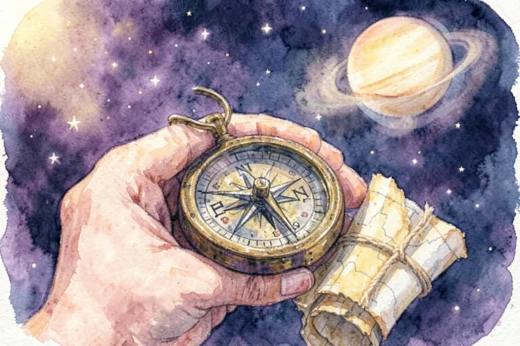 Uma mão segurando uma bússola e um mapa antigo, com um fundo desfocado de estrelas e o planeta Saturno.