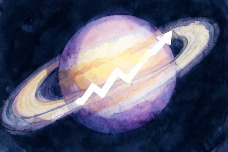 Um gráfico de linha ascendente sobreposto a uma imagem desfocada de Saturno e seu sistema de anéis.