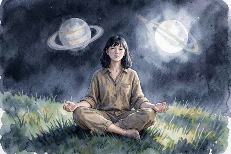 Uma pessoa sentada em posição de lótus, meditando com o planeta Saturno visível no céu atrás dela.