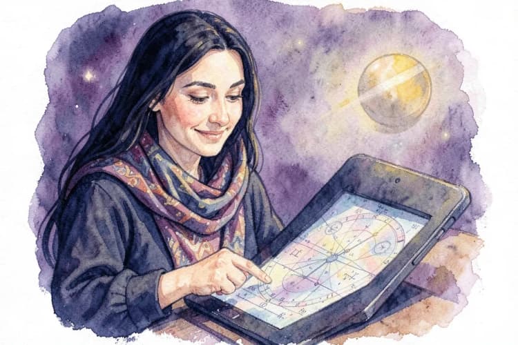 Uma astróloga sorridente mostrando um mapa astral em um tablet, com o planeta Saturno sutilmente visível no fundo.