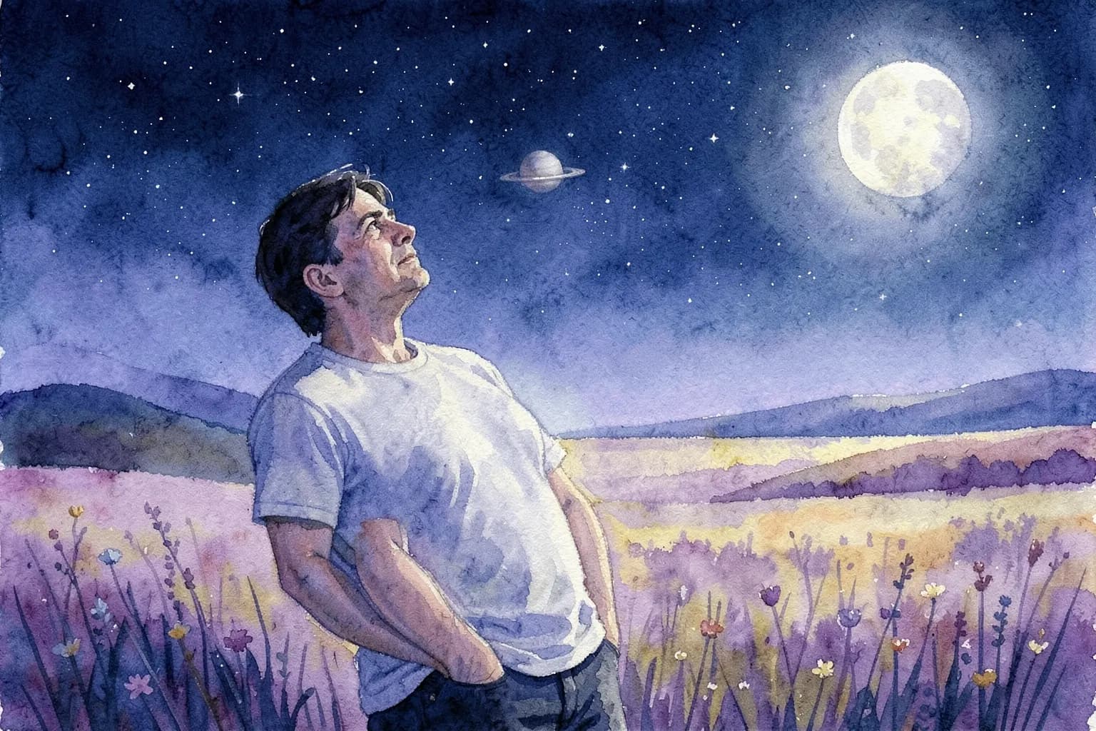 Um homem de meia-idade olhando pensativo para o céu noturno estrelado, com uma silhueta de Saturno visível ao longe.