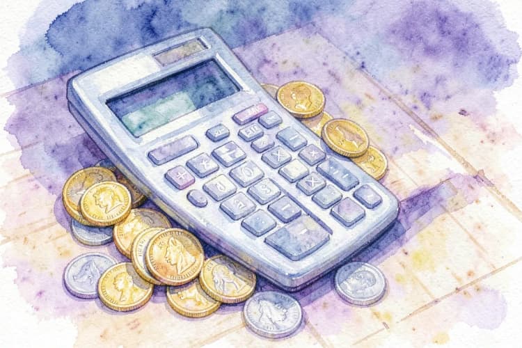 Calculadora e moedas de dinheiro sobre um fundo de madeira clara.