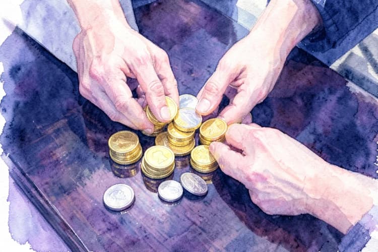 Pessoa organizando moedas de dinheiro em pilhas sobre uma mesa de madeira.