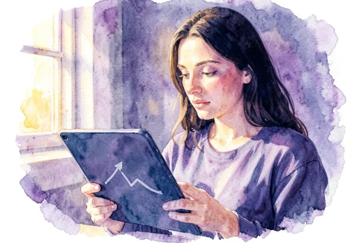 Mulher com expressão pensativa olhando para um gráfico de crescimento em um tablet.