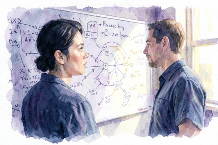 Uma pessoa olhando pensativamente para um diagrama complexo de ciclo de vida em um quadro branco, com anotações e setas.