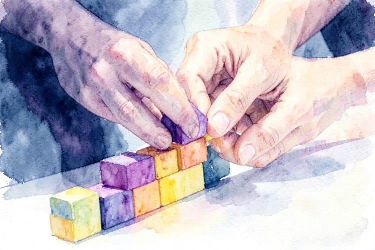 Uma pessoa organizando blocos de construção coloridos em uma linha ascendente para representar a melhoria na interpretação de ciclos de vida.