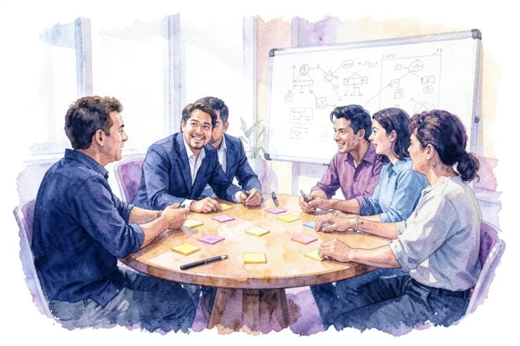 Uma equipe colaborando em torno de uma mesa, usando post-its e um quadro para planejar a aplicação de ciclos de vida.