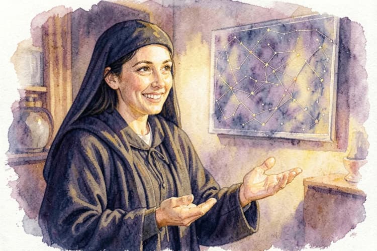 Uma astróloga sorrindo, com um mapa astral ao fundo, oferecendo orientação sobre ciclos de vida.