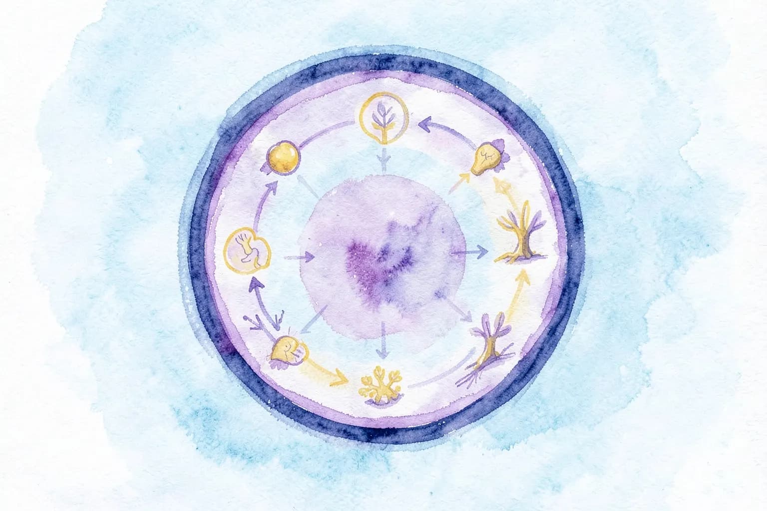 Um diagrama de ciclo de vida com setas circulares e ícones representando diferentes fases, como nascimento, crescimento, maturidade e declínio, sobre um fundo azul claro.