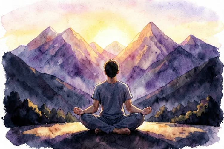 Pessoa sentada em posição de lótus em frente a uma montanha ao nascer do sol, plano médio, luz dourada do nascer do sol, momento de meditação.