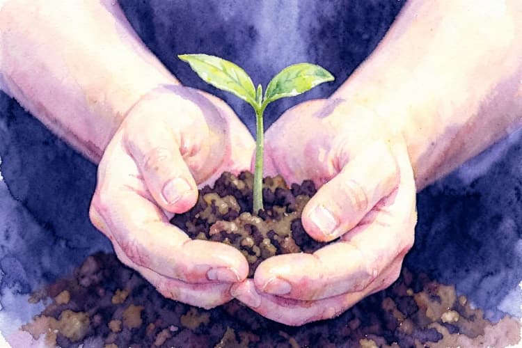 Mãos segurando uma pequena planta crescendo em solo fértil, close-up, luz natural vinda de cima, momento de cuidado e crescimento.