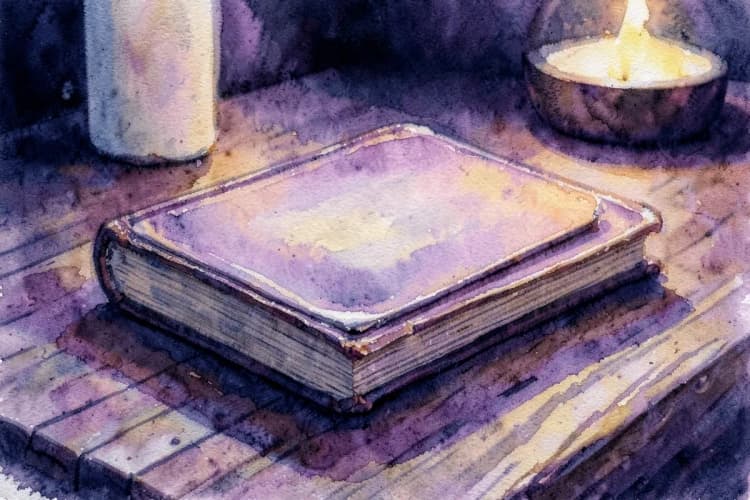 Livro antigo fechado sobre uma mesa de madeira rústica, detalhe, luz de velas, noite.