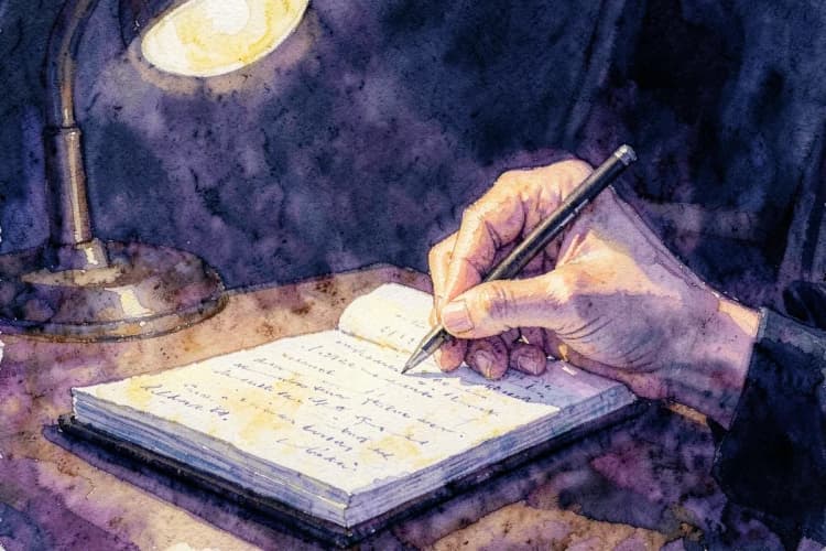 Pessoa escrevendo em um diário com uma caneta, plano de detalhe, luz de abajur, noite.