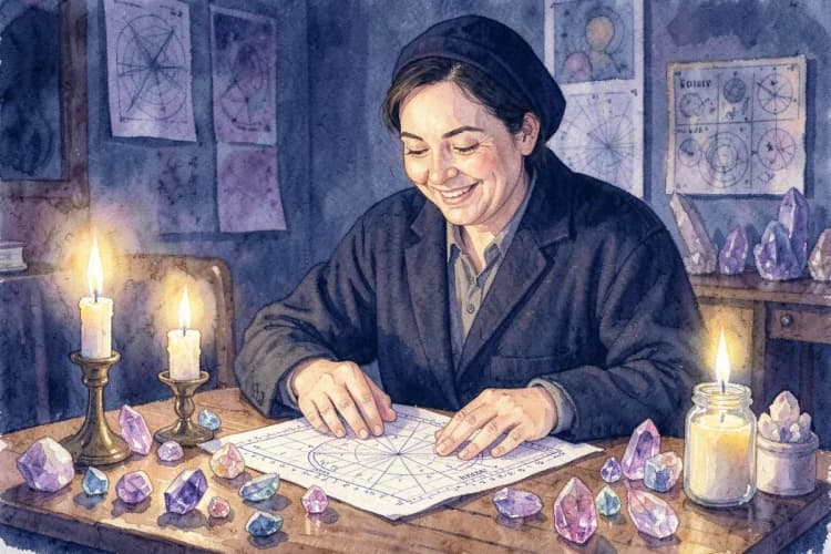 Astróloga sorrindo enquanto consulta um mapa astral em uma mesa com cristais e velas, plano médio, luz quente de velas, momento de consulta.