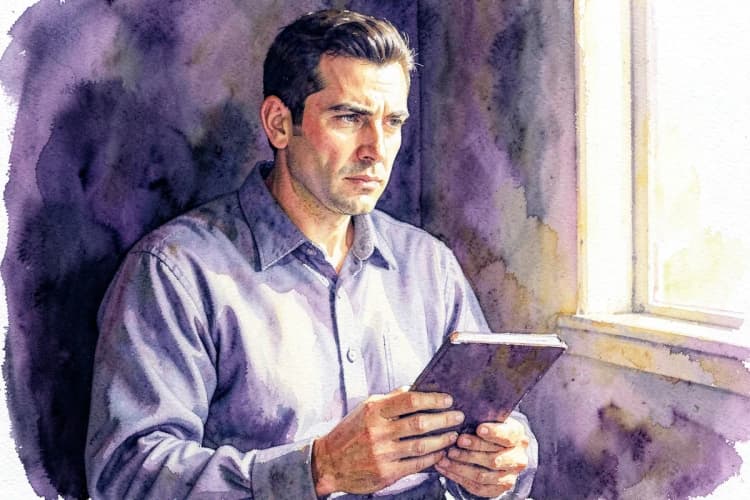 Um homem com um olhar sério, segurando um pequeno caderno fechado.
