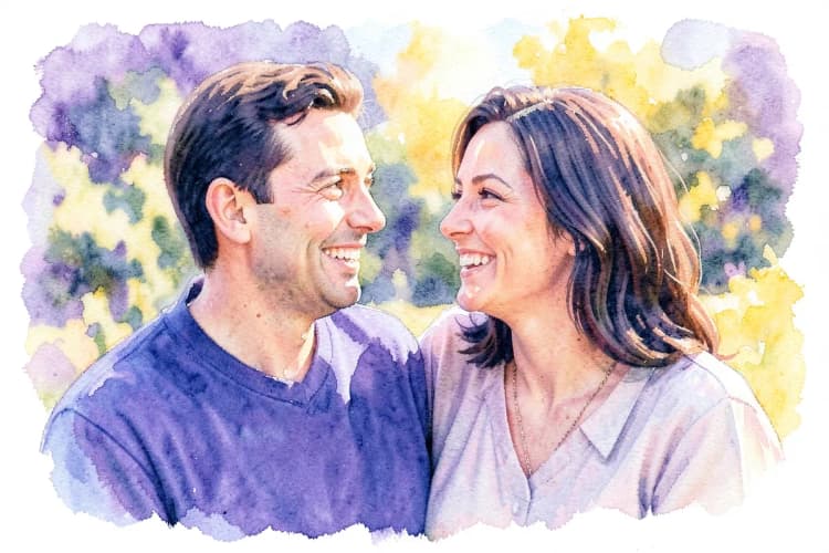 Um casal sorrindo um para o outro em um ambiente externo, com árvores desfocadas ao fundo.