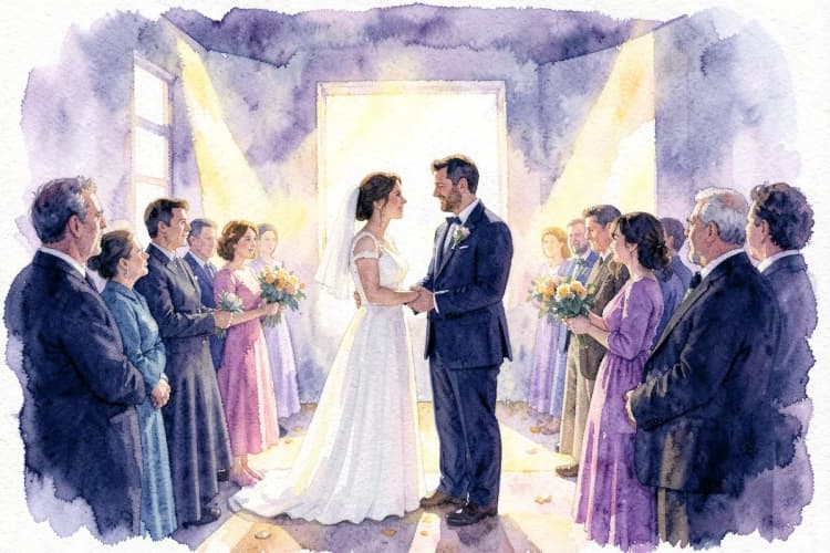 Um grupo de pessoas em um casamento, com a noiva e o noivo em destaque.