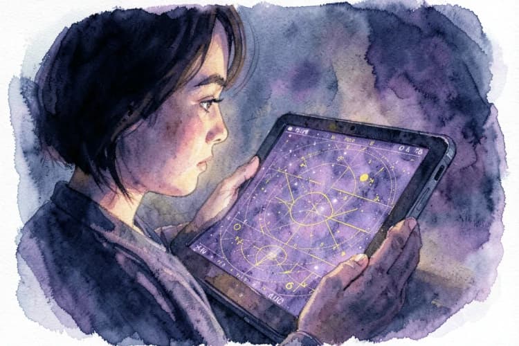 Uma pessoa olhando para um mapa astral em um tablet, com gráficos e símbolos astrológicos.