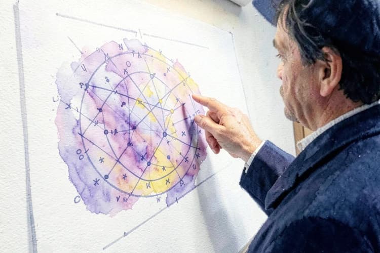 Um astrólogo apontando para um gráfico em um quadro branco com símbolos planetários.