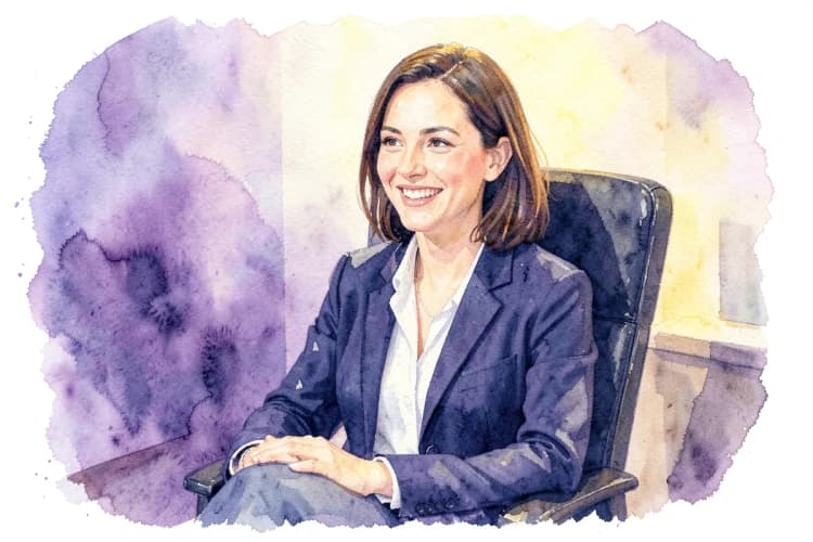Uma mulher sorrindo, sentada em uma cadeira de escritório, com um fundo de escritório desfocado.