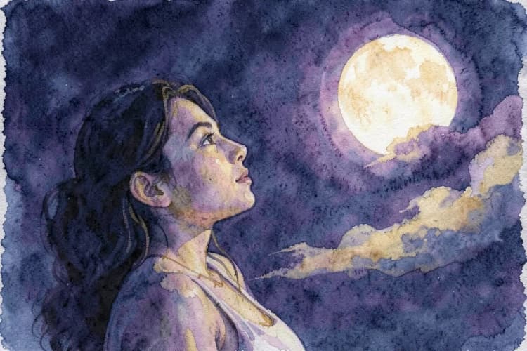 Mulher olhando para a lua cheia em um céu noturno com nuvens passageiras