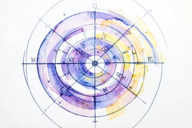 Um close-up de um mapa astral com círculos concêntricos e símbolos astrológicos desenhados em papel branco.