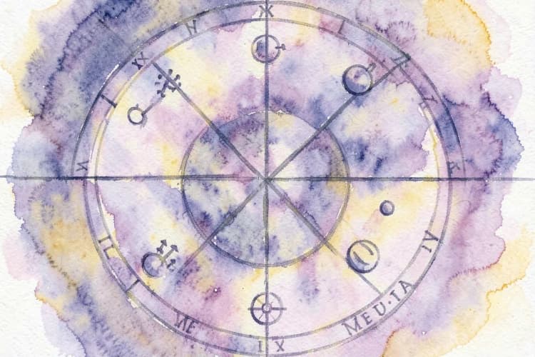 Um close-up de um mapa astral com planetas e signos do zodíaco representados por símbolos.