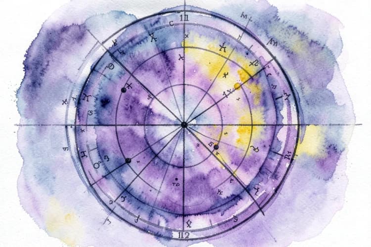 Um mapa astral com destaque para as casas 11 e 12, com símbolos astrológicos e linhas conectando os planetas.