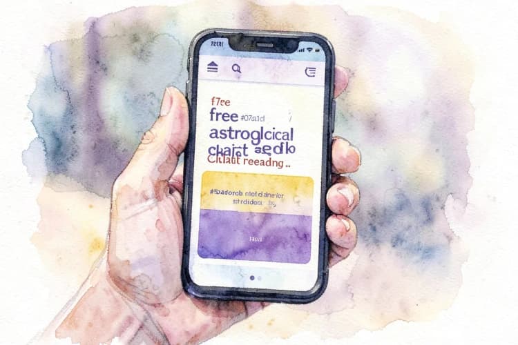 Uma mão segurando um celular exibindo um site com a oferta de "leitura de mapa astral grátis".
