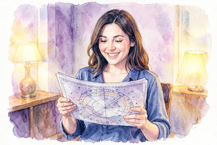 Uma mulher sorrindo, com um mapa astral em suas mãos, em um ambiente iluminado e acolhedor.