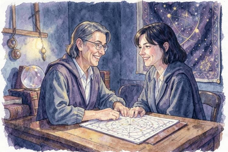 Uma astróloga sorridente, com um mapa astral em uma mesa à sua frente, em um escritório decorado com elementos esotéricos.