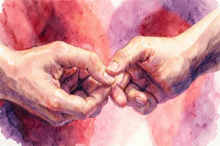 Duas mãos se tocando suavemente sobre um fundo desfocado de corações.