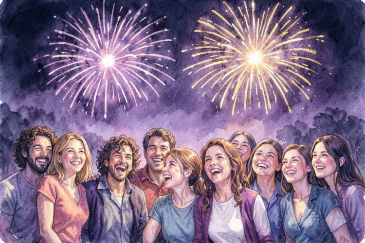 Um grupo de pessoas de diferentes signos do zodíaco reunidas sob um céu com fogos de artifício, celebrando o ano novo.