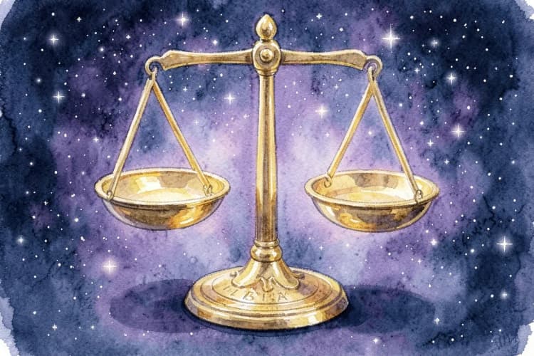 Uma balança dourada em equilíbrio perfeito, com o símbolo de Libra sutilmente gravado em sua base, sobre um fundo de estrelas cintilantes.