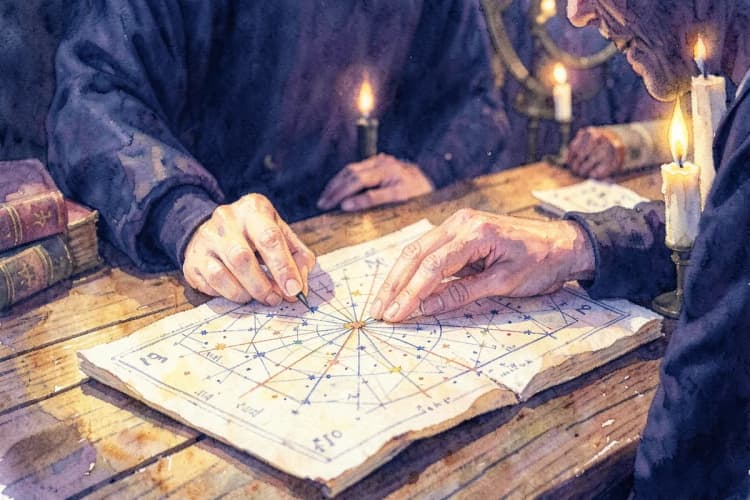 Um astrólogo consultando um mapa astral antigo em uma mesa de madeira, com velas acesas ao redor.