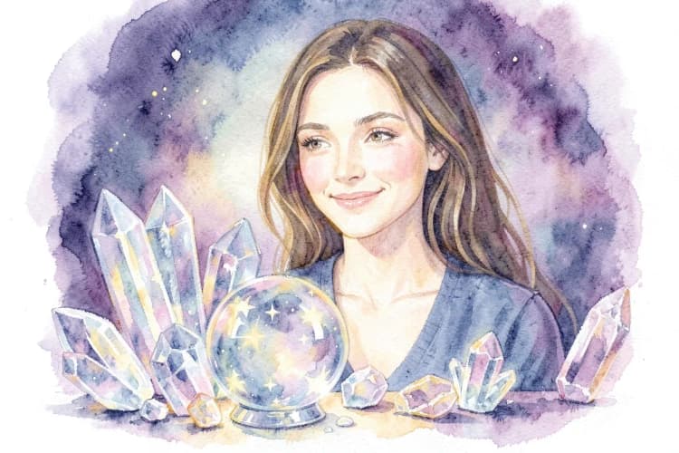 Uma mulher sorrindo, com um fundo de cristais e um globo de cristal refletindo estrelas.