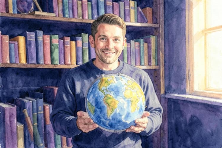 Um homem sorrindo com um globo terrestre nas mãos, em frente a uma estante de livros com um globo menor e um telescópio.