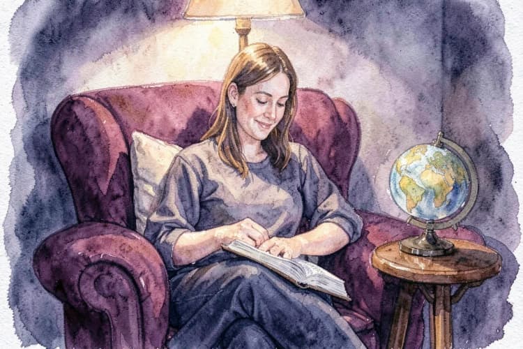 Uma mulher com um sorriso gentil, sentada em uma poltrona, com um livro aberto no colo e um pequeno globo em uma mesa ao lado.