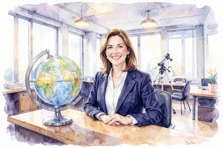 Uma mulher sorrindo, em um ambiente de escritório com um globo terrestre em destaque sobre a mesa e um telescópio ao fundo.