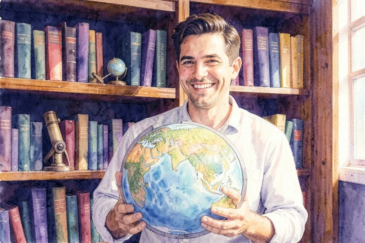 Um homem sorrindo com um globo terrestre nas mãos, em frente a uma estante de livros com um globo menor e um telescópio.