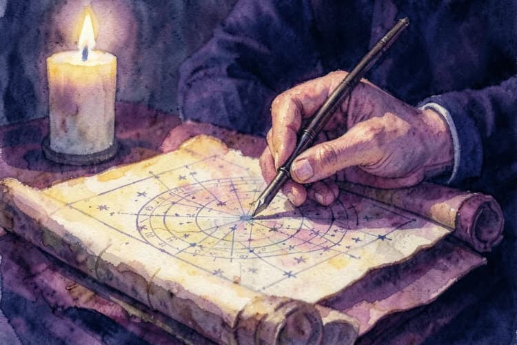 Um astrólogo desenhando um mapa celestial em um pergaminho antigo com instrumentos de medição.