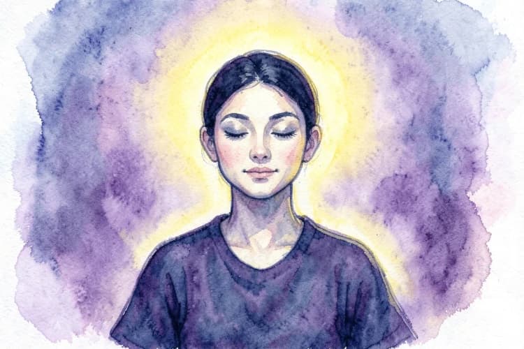 Uma pessoa meditando com os olhos fechados, com um brilho sutil de energia ao redor de sua cabeça.