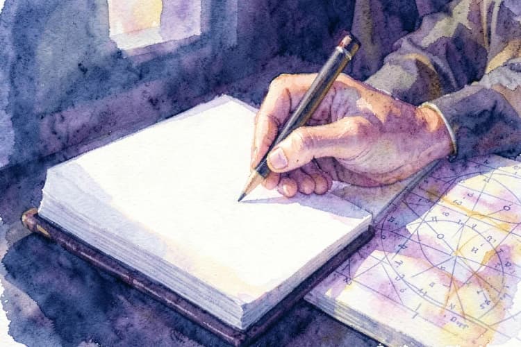 Uma pessoa escrevendo em um diário com um lápis, com um mapa astral parcialmente visível ao lado.