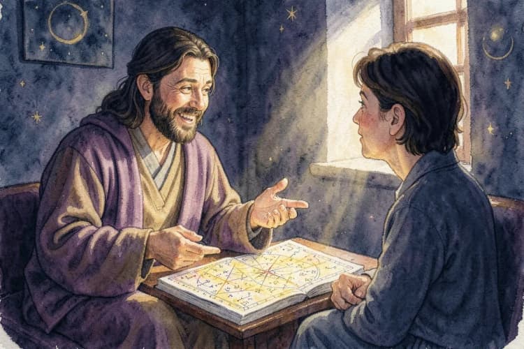 Uma astróloga sorrindo e gesticulando enquanto explica um mapa astral para um cliente.